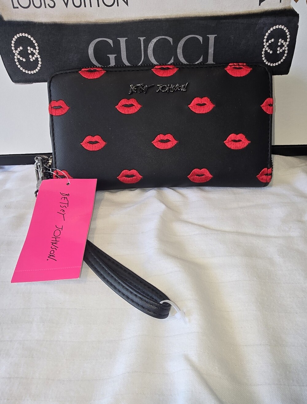 Betsey Johnson Black Wristlet Wallet with Red Lip Embroidery Nwt